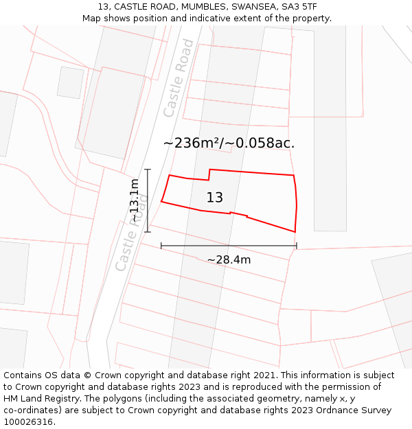 13, CASTLE ROAD, MUMBLES, SWANSEA, SA3 5TF: Plot and title map