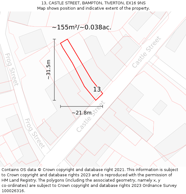 13, CASTLE STREET, BAMPTON, TIVERTON, EX16 9NS: Plot and title map