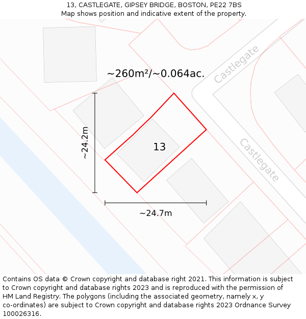 13, CASTLEGATE, GIPSEY BRIDGE, BOSTON, PE22 7BS: Plot and title map