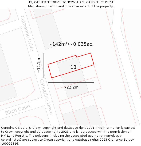 13, CATHERINE DRIVE, TONGWYNLAIS, CARDIFF, CF15 7JT: Plot and title map