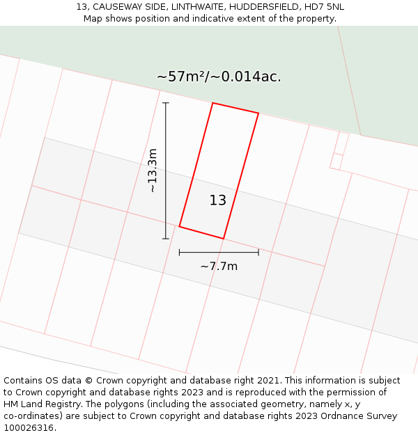13, CAUSEWAY SIDE, LINTHWAITE, HUDDERSFIELD, HD7 5NL: Plot and title map
