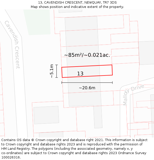 13, CAVENDISH CRESCENT, NEWQUAY, TR7 3DS: Plot and title map