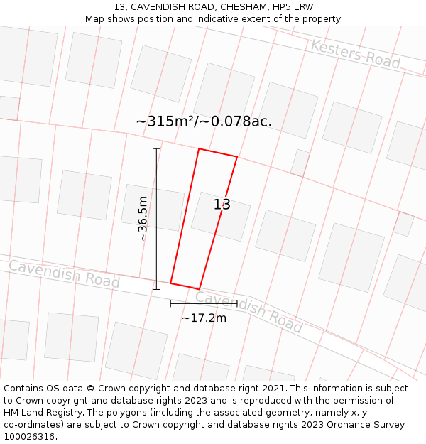 13, CAVENDISH ROAD, CHESHAM, HP5 1RW: Plot and title map