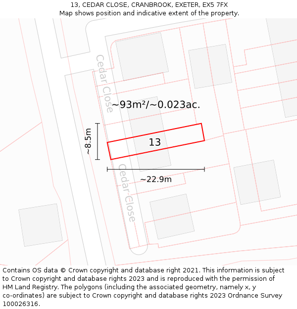 13, CEDAR CLOSE, CRANBROOK, EXETER, EX5 7FX: Plot and title map