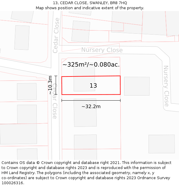 13, CEDAR CLOSE, SWANLEY, BR8 7HQ: Plot and title map