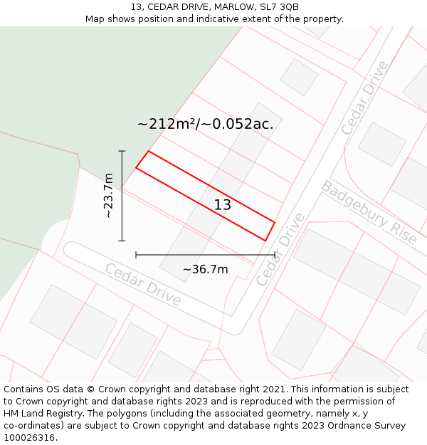 13, CEDAR DRIVE, MARLOW, SL7 3QB: Plot and title map