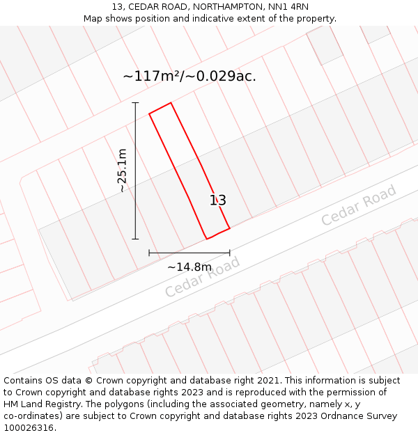 13, CEDAR ROAD, NORTHAMPTON, NN1 4RN: Plot and title map