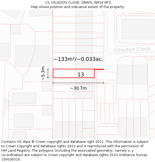 13, CELEDON CLOSE, GRAYS, RM16 6PZ: Plot and title map