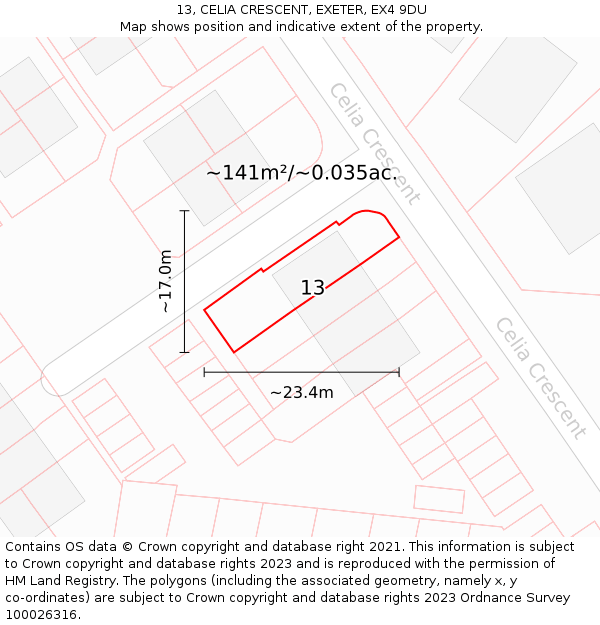 13, CELIA CRESCENT, EXETER, EX4 9DU: Plot and title map