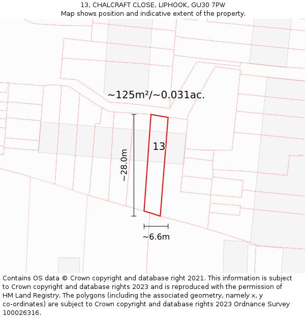 13, CHALCRAFT CLOSE, LIPHOOK, GU30 7PW: Plot and title map