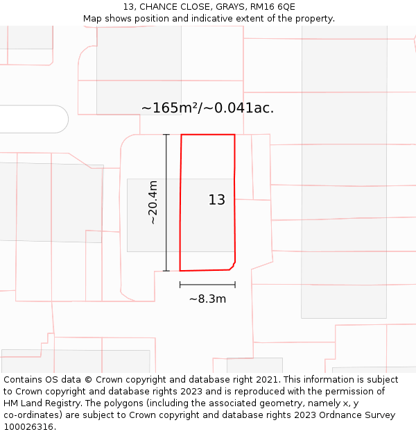 13, CHANCE CLOSE, GRAYS, RM16 6QE: Plot and title map