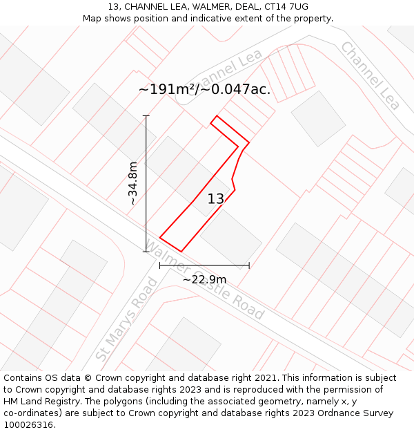 13, CHANNEL LEA, WALMER, DEAL, CT14 7UG: Plot and title map