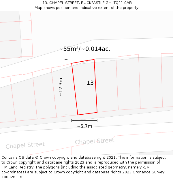13, CHAPEL STREET, BUCKFASTLEIGH, TQ11 0AB: Plot and title map
