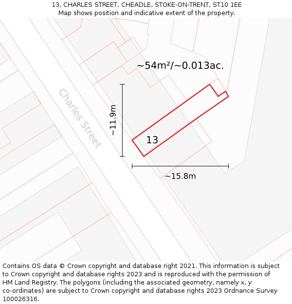 13, CHARLES STREET, CHEADLE, STOKE-ON-TRENT, ST10 1EE: Plot and title map