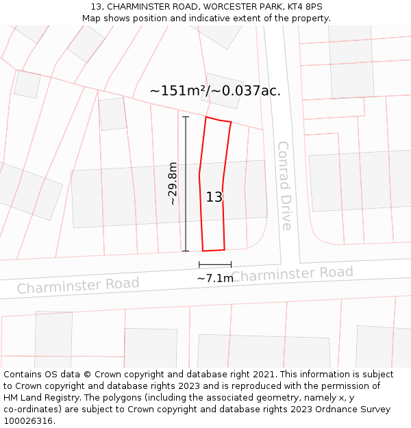 13, CHARMINSTER ROAD, WORCESTER PARK, KT4 8PS: Plot and title map