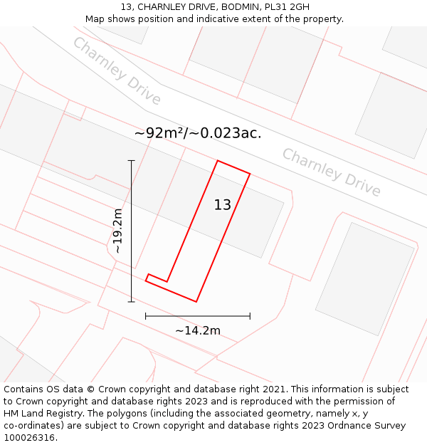 13, CHARNLEY DRIVE, BODMIN, PL31 2GH: Plot and title map