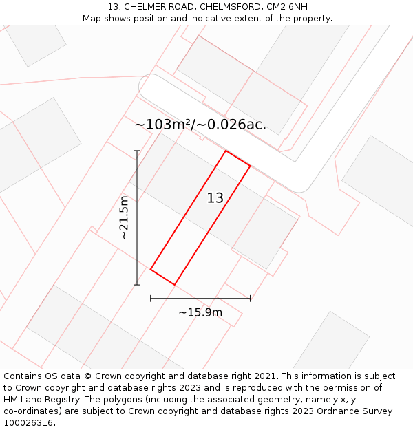 13, CHELMER ROAD, CHELMSFORD, CM2 6NH: Plot and title map