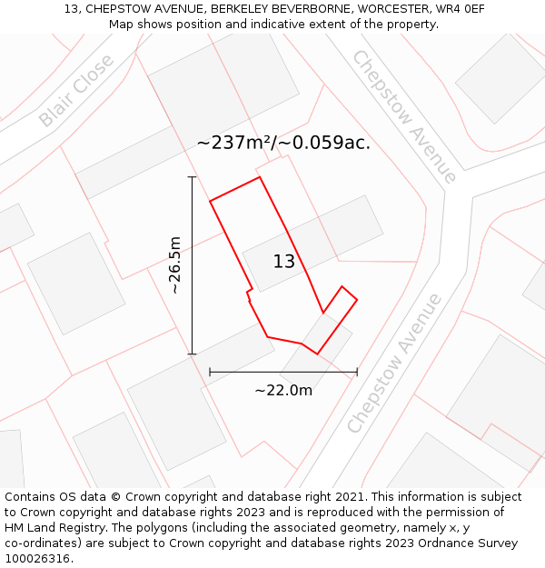 13, CHEPSTOW AVENUE, BERKELEY BEVERBORNE, WORCESTER, WR4 0EF: Plot and title map