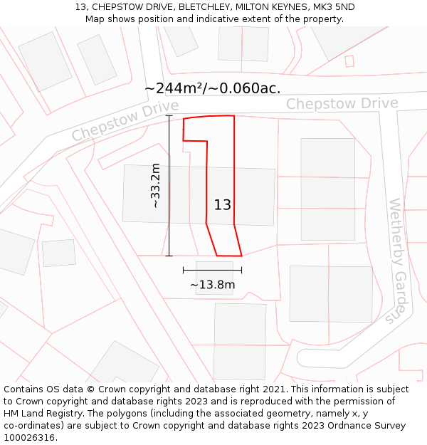 13, CHEPSTOW DRIVE, BLETCHLEY, MILTON KEYNES, MK3 5ND: Plot and title map