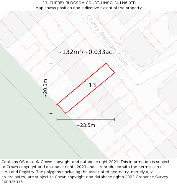 13, CHERRY BLOSSOM COURT, LINCOLN, LN6 0TB: Plot and title map
