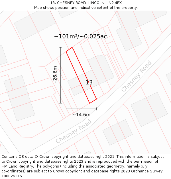 13, CHESNEY ROAD, LINCOLN, LN2 4RX: Plot and title map