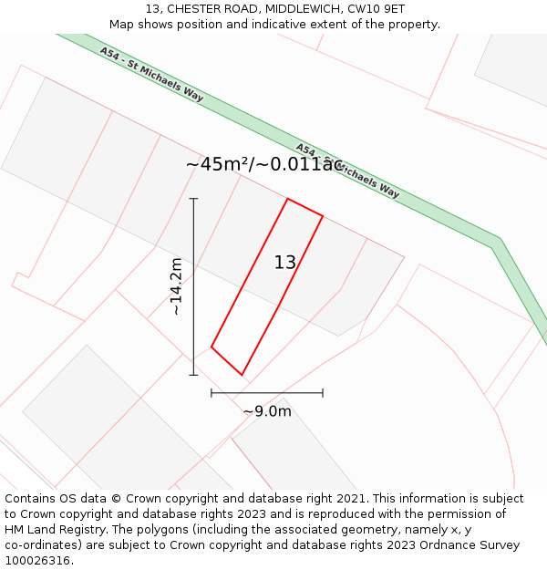 13, CHESTER ROAD, MIDDLEWICH, CW10 9ET: Plot and title map