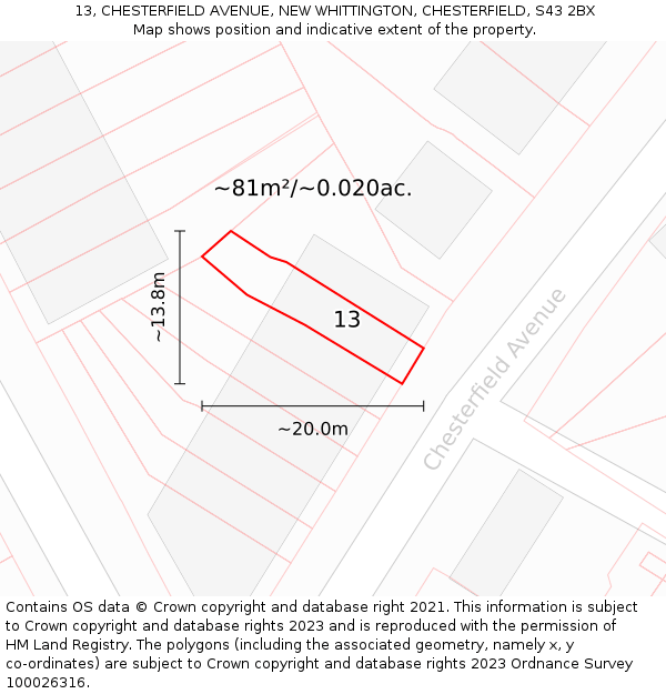 13, CHESTERFIELD AVENUE, NEW WHITTINGTON, CHESTERFIELD, S43 2BX: Plot and title map