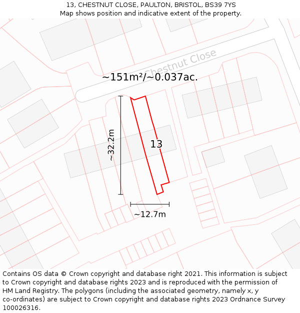 13, CHESTNUT CLOSE, PAULTON, BRISTOL, BS39 7YS: Plot and title map