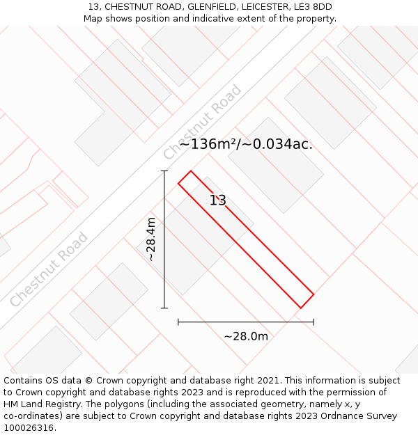 13, CHESTNUT ROAD, GLENFIELD, LEICESTER, LE3 8DD: Plot and title map