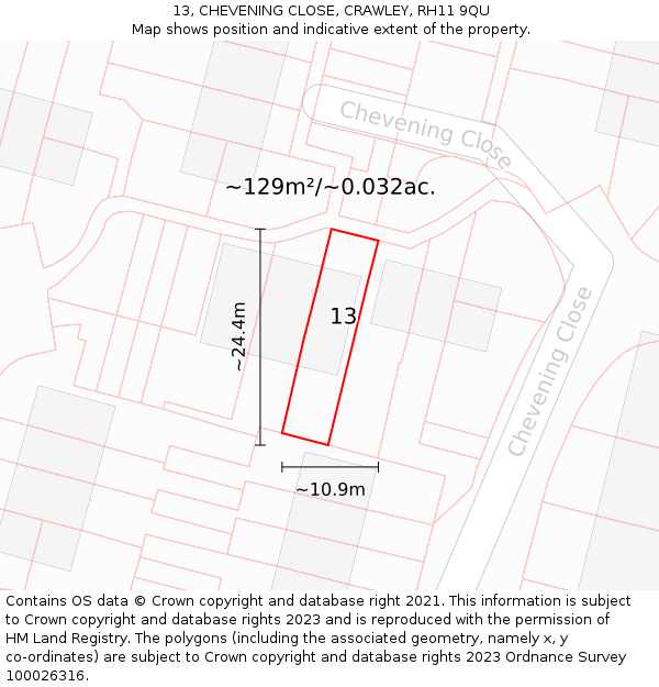 13, CHEVENING CLOSE, CRAWLEY, RH11 9QU: Plot and title map