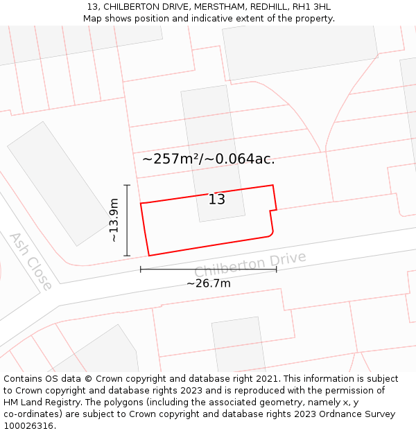 13, CHILBERTON DRIVE, MERSTHAM, REDHILL, RH1 3HL: Plot and title map