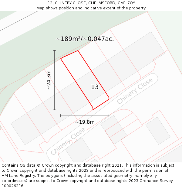 13, CHINERY CLOSE, CHELMSFORD, CM1 7QY: Plot and title map