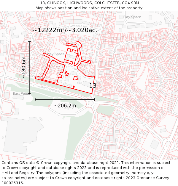 13, CHINOOK, HIGHWOODS, COLCHESTER, CO4 9RN: Plot and title map