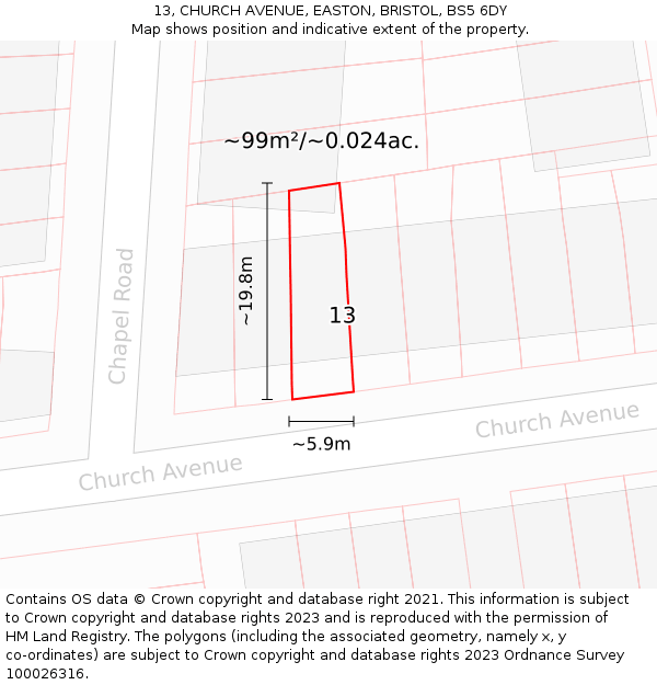 13, CHURCH AVENUE, EASTON, BRISTOL, BS5 6DY: Plot and title map