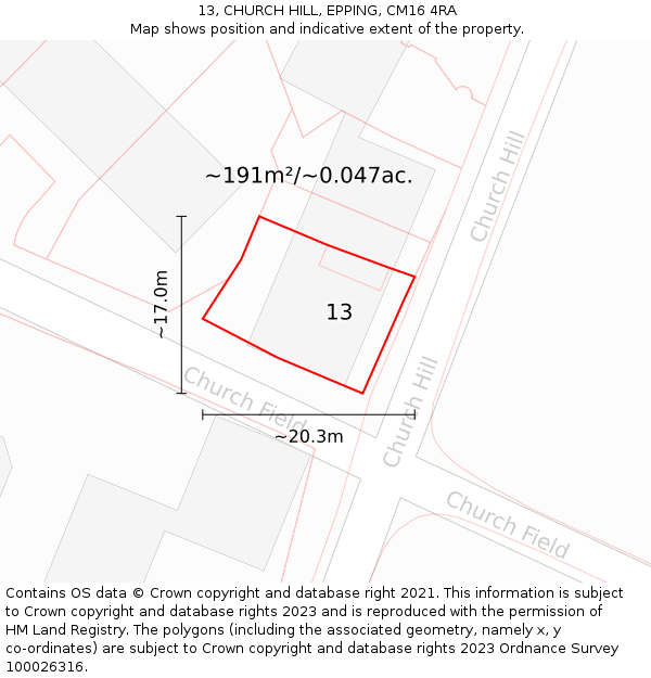13, CHURCH HILL, EPPING, CM16 4RA: Plot and title map