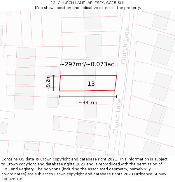 13, CHURCH LANE, ARLESEY, SG15 6UL: Plot and title map