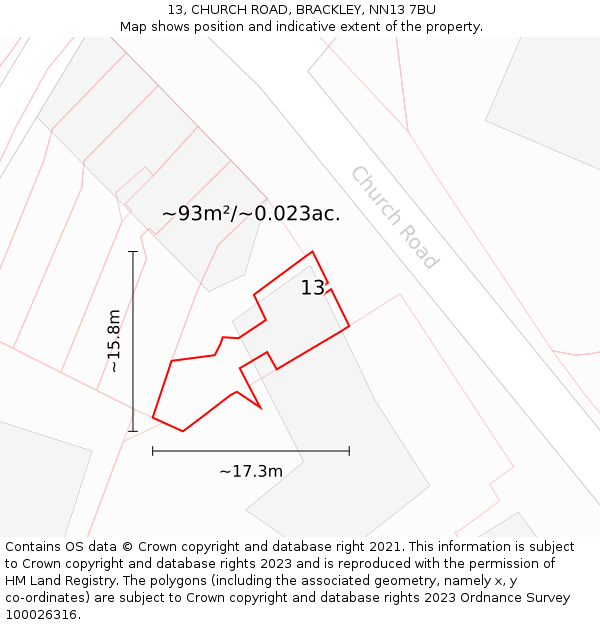 13, CHURCH ROAD, BRACKLEY, NN13 7BU: Plot and title map