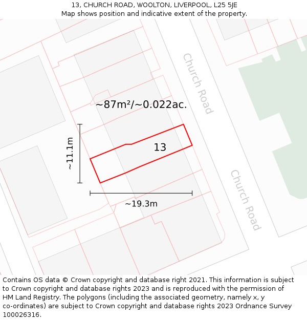 13, CHURCH ROAD, WOOLTON, LIVERPOOL, L25 5JE: Plot and title map