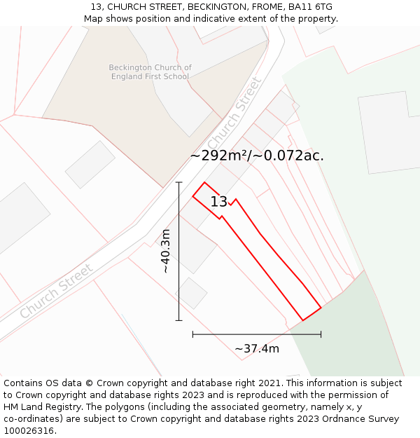 13, CHURCH STREET, BECKINGTON, FROME, BA11 6TG: Plot and title map