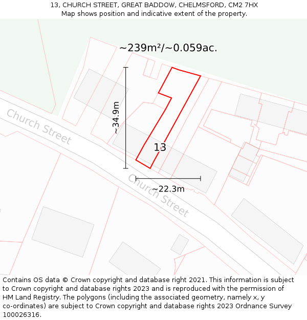 13, CHURCH STREET, GREAT BADDOW, CHELMSFORD, CM2 7HX: Plot and title map