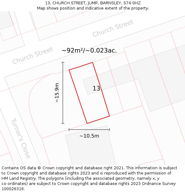 13, CHURCH STREET, JUMP, BARNSLEY, S74 0HZ: Plot and title map