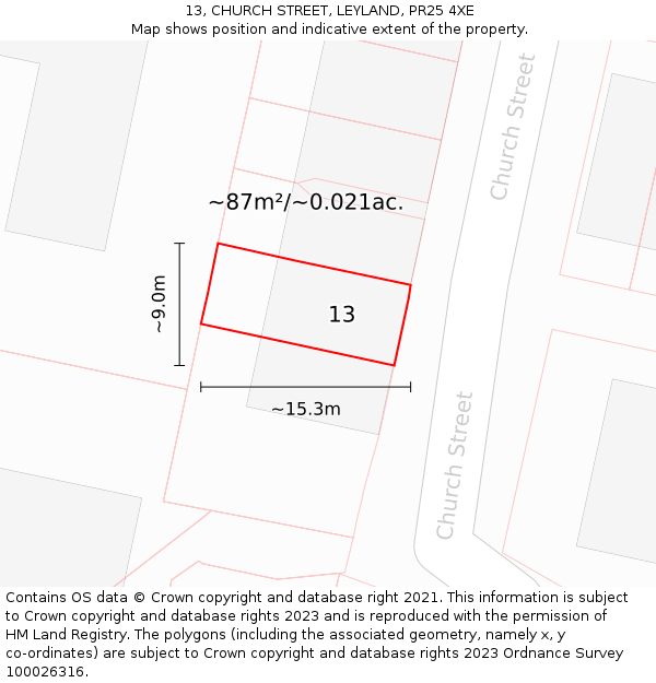 13, CHURCH STREET, LEYLAND, PR25 4XE: Plot and title map