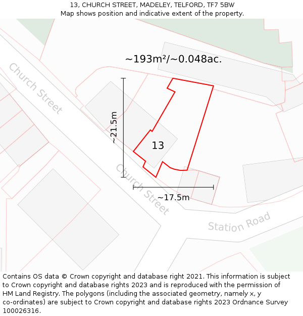 13, CHURCH STREET, MADELEY, TELFORD, TF7 5BW: Plot and title map