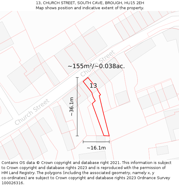 13, CHURCH STREET, SOUTH CAVE, BROUGH, HU15 2EH: Plot and title map