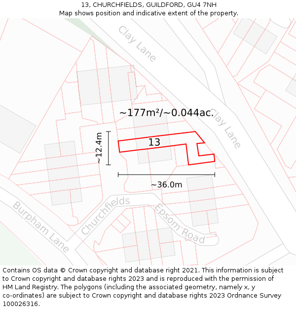 13, CHURCHFIELDS, GUILDFORD, GU4 7NH: Plot and title map