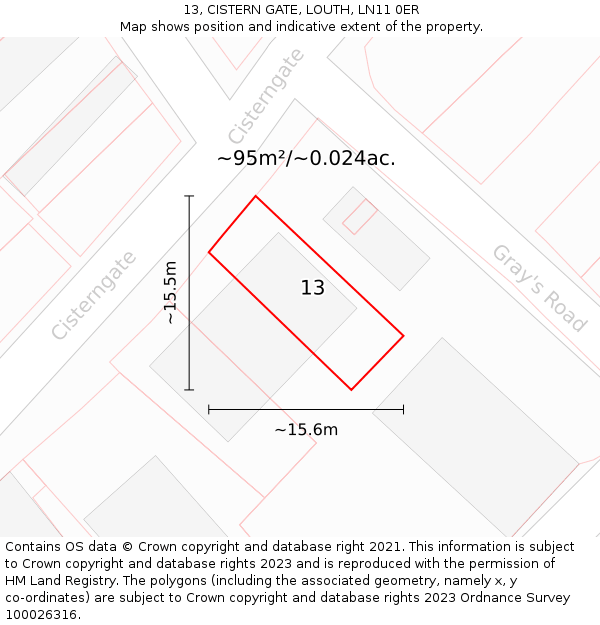 13, CISTERN GATE, LOUTH, LN11 0ER: Plot and title map