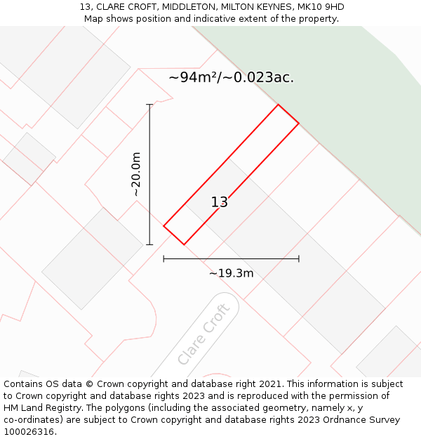 13, CLARE CROFT, MIDDLETON, MILTON KEYNES, MK10 9HD: Plot and title map