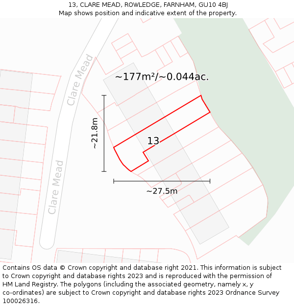 13, CLARE MEAD, ROWLEDGE, FARNHAM, GU10 4BJ: Plot and title map