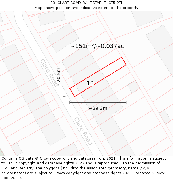 13, CLARE ROAD, WHITSTABLE, CT5 2EL: Plot and title map
