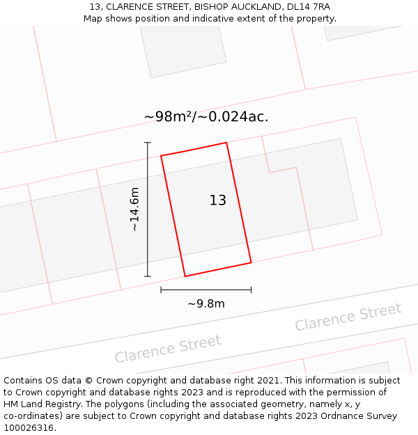 13, CLARENCE STREET, BISHOP AUCKLAND, DL14 7RA: Plot and title map